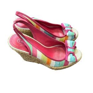 Coach Grace Watercolor Straw Wedge Platform High Heel Sandals